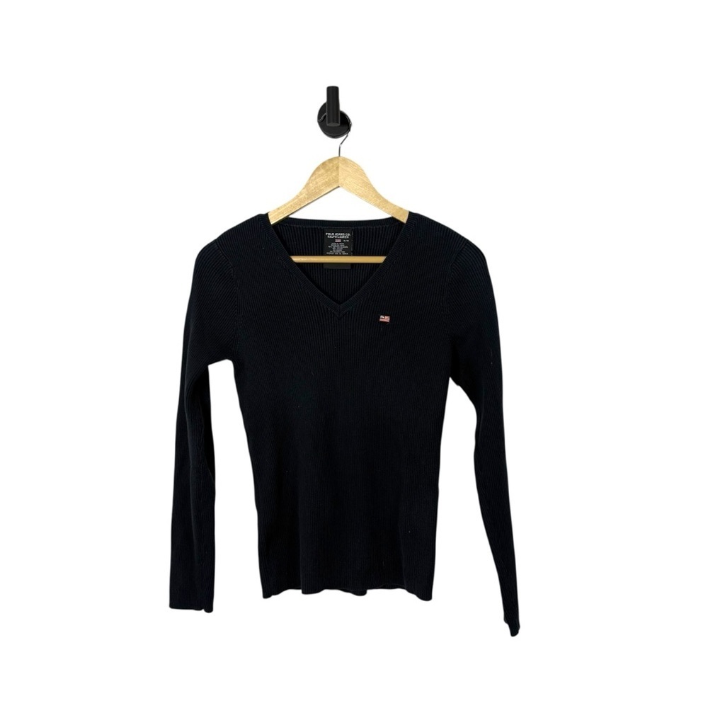 Vintage Polo Jeans Ralph Lauren V-Neck Ribbed Sweater Navy Blue M